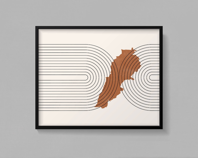 May include: A minimalist art print featuring a brown outline of Lebanon against a background of black and white concentric circles.
