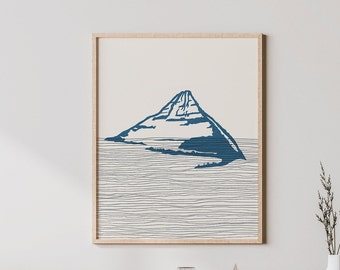 May include: A framed print of a blue mountain silhouette with thin black lines representing water below.
