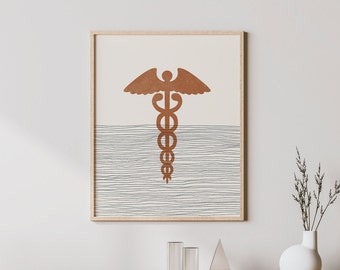 Boho Caduceus Print - Caduceus Wall Art / Decor, Minimalist Poster, Caduceus Illustration, Doctor Gift Idea
