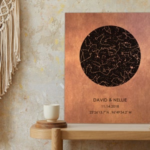 Puede incluir: Una impresi&oacute;n met&aacute;lica de color cobre con un c&iacute;rculo negro en el centro. El c&iacute;rculo contiene una constelaci&oacute;n de estrellas. La impresi&oacute;n tiene el texto "DAVID & NELLIE" y "11.14.2018" y "23&deg;26'13.7 &Nu;. 96&deg;49'54.2" W" debajo del c&iacute;rculo.