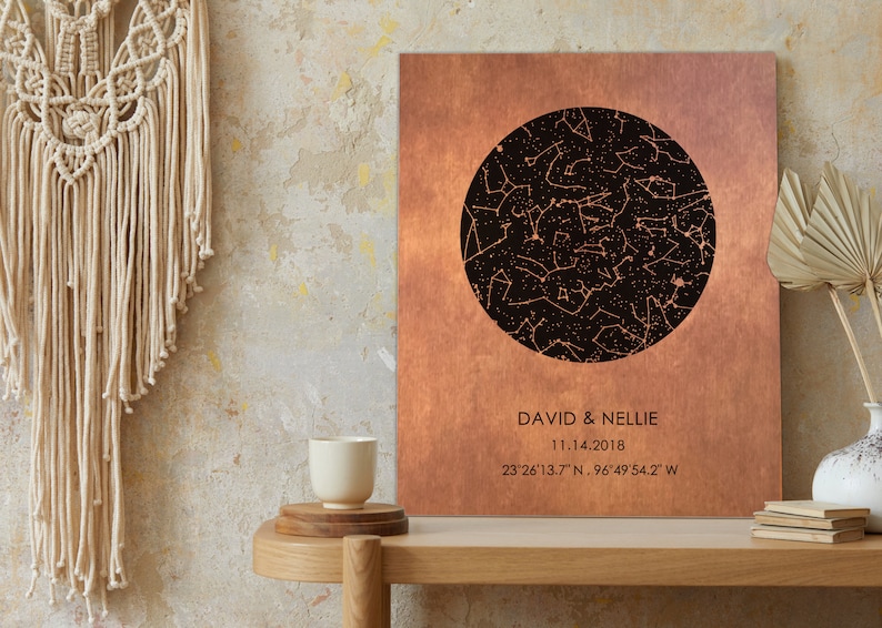 Puede incluir: Una impresi&oacute;n met&aacute;lica de color cobre con un c&iacute;rculo negro en el centro. El c&iacute;rculo contiene una constelaci&oacute;n de estrellas. La impresi&oacute;n tiene el texto "DAVID & NELLIE" y "11.14.2018" y "23&deg;26'13.7 &Nu;. 96&deg;49'54.2" W" debajo del c&iacute;rculo.