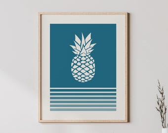 May include: A teal blue and white minimalist art print featuring a white silhouette of a pineapple with a striped background.