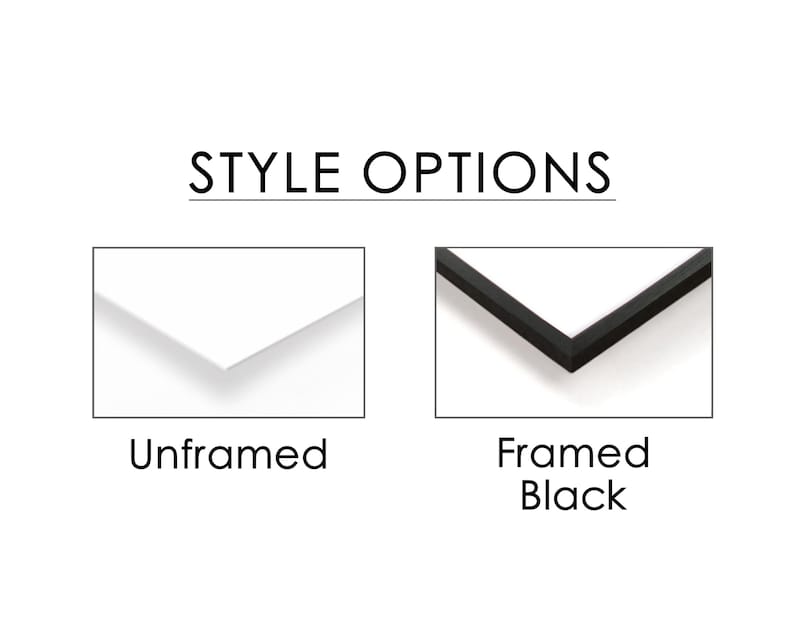 May include: Image showing two style options: Unframed and Framed Black. The text "STYLE OPTIONS" is at the top. The Unframed option shows a white paper with a white border. The Framed Black option shows a white paper in a black frame.