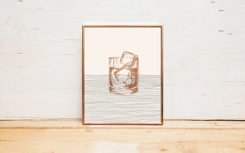 Boho Whiskey Art Whiskey Wall Art / Decor, Minimalist Cocktail Poster, Old Fashioned Print Cocktail Gift image 2