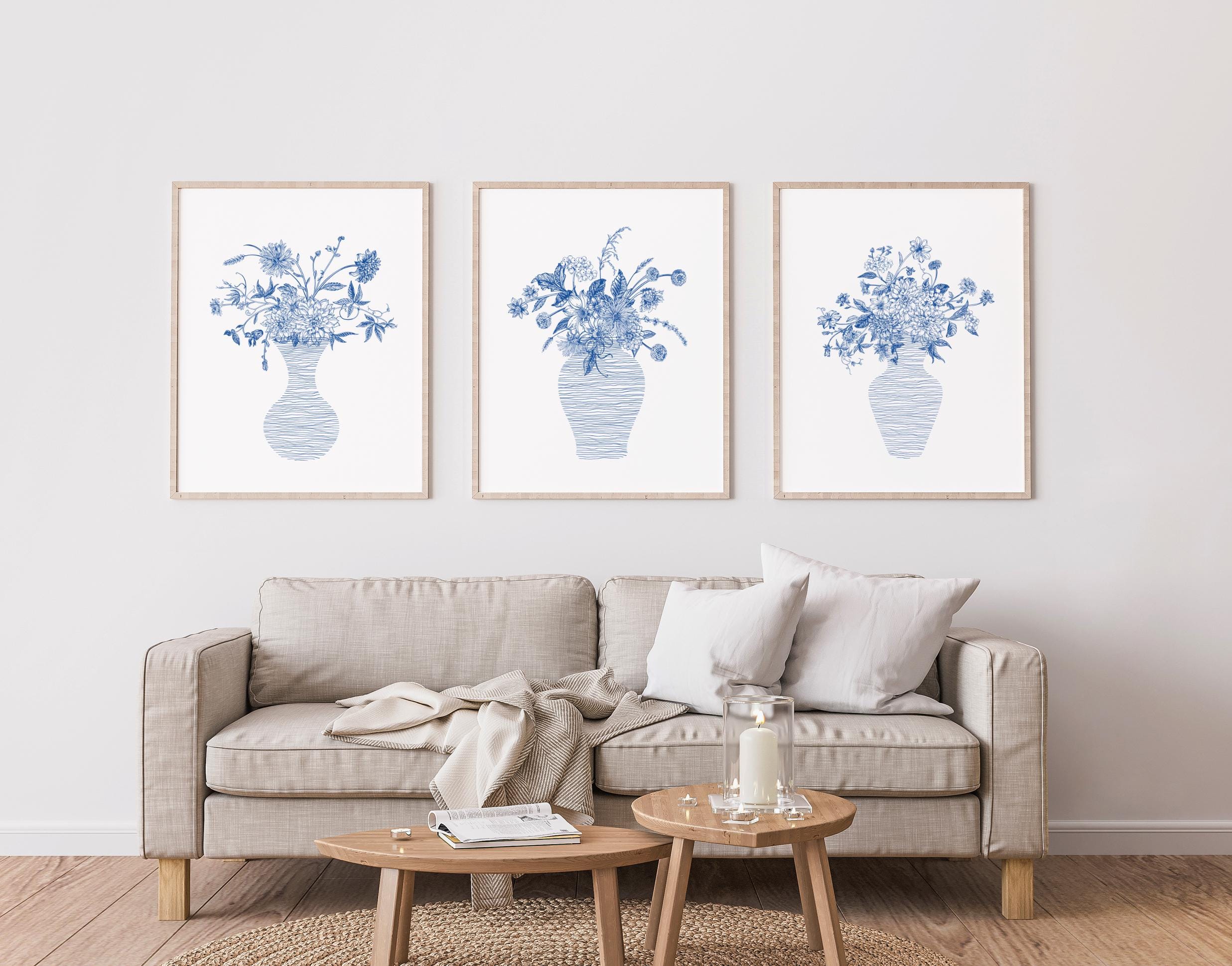 Blue Chinoiserie Wall Art - 3 Piece Wall Art Chinoiserie Floral Print ...
