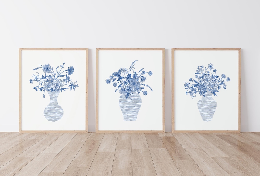Blue Chinoiserie Wall Art - 3 Piece Wall Art Chinoiserie Floral Print ...
