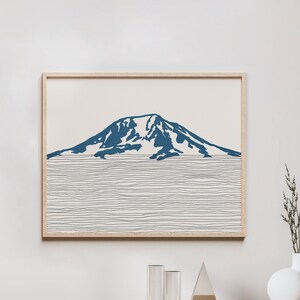 May include: A framed print of a blue mountain with a white peak, set against a background of thin, horizontal lines.