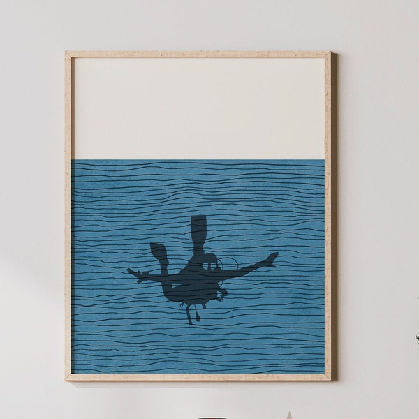 Boho Scuba Diver Print - Scuba Diver Wall Art / Decor, Minimalist Poster, Scuba Illustration, Scuba Diving Art