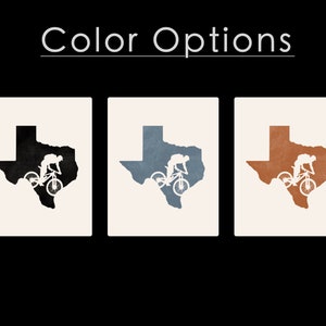 May include: Three variations of a graphic design featuring a silhouette of a person riding a mountain bike in front of the outline of the state of Texas. The designs are in black, blue, and brown.