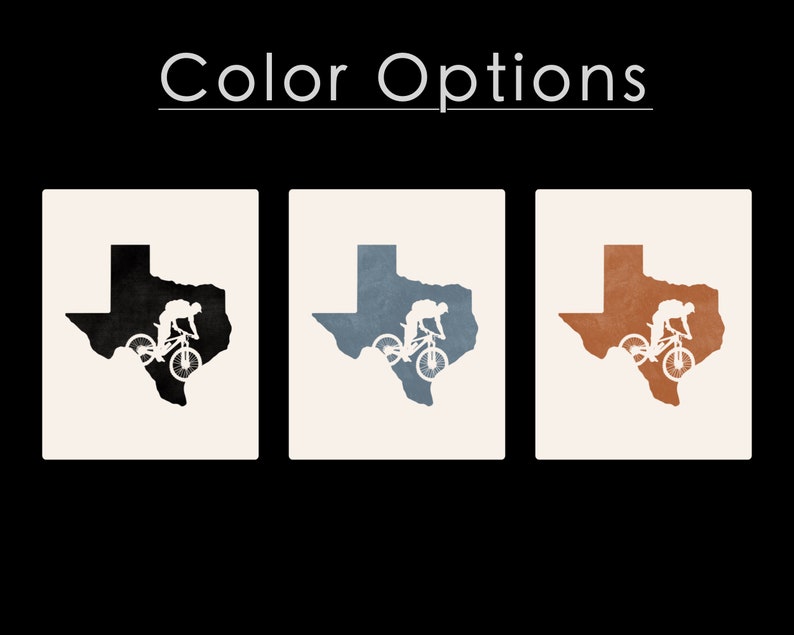 May include: Three variations of a graphic design featuring a silhouette of a person riding a mountain bike in front of the outline of the state of Texas. The designs are in black, blue, and brown.