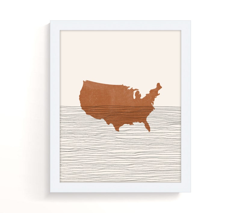 May include: A minimalist art print featuring a brown outline of the United States map against a background of thin black lines on a cream background.