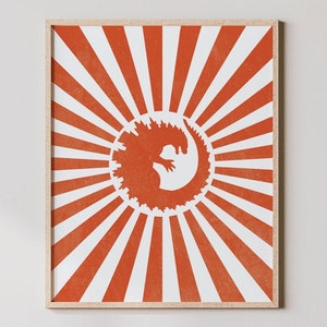 Godzilla Red Sun Mid Century Print - Modern Boho Godzilla Wall Art, ゴジラ Gift, Gojira Poster Wall Art
