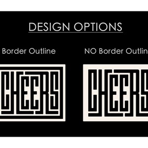 May include: Two design options for a "CHEERS" sign. The first option has a black border outline around the white letters. The second option has no border outline.