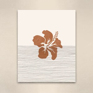May include: A digital illustration of a brown hibiscus flower with a stem and leaves, set against a background of thin black lines resembling waves.