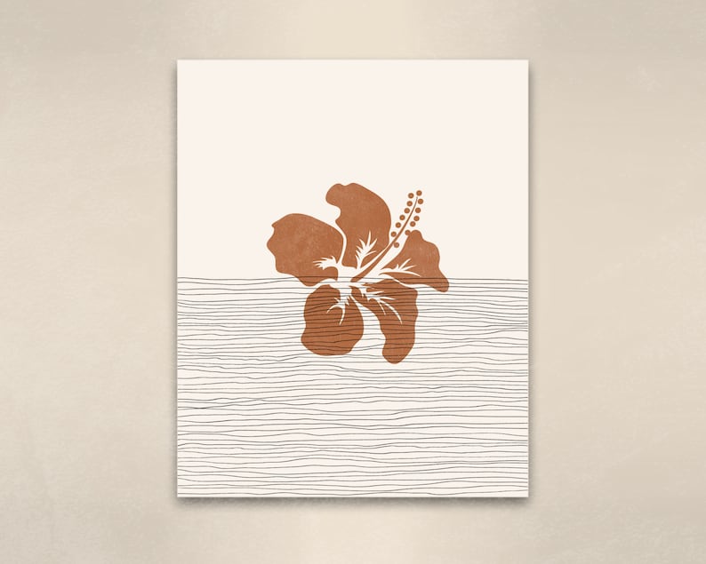 May include: A digital illustration of a brown hibiscus flower with a stem and leaves, set against a background of thin black lines resembling waves.