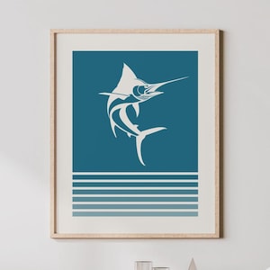 Marlin Art - Fisherman Print, Retro Colored Marlin Poster, Blue Marlin Wall Decor, Fishing Wall Art