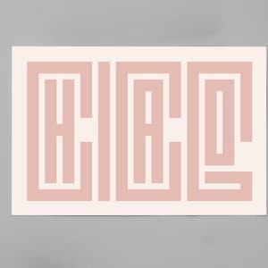 Puede incluir: Un dise&ntilde;o geom&eacute;trico rosa y blanco con la palabra "HELLO" escrita en una fuente estilizada.