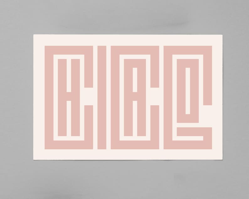 Puede incluir: Un dise&ntilde;o geom&eacute;trico rosa y blanco con la palabra "HELLO" escrita en una fuente estilizada.