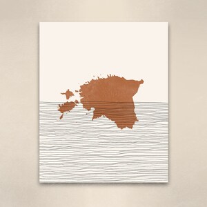 May include: A minimalist art print featuring a brown outline of the country of Estonia on a white background. The outline of Estonia is surrounded by thin black lines that resemble waves.