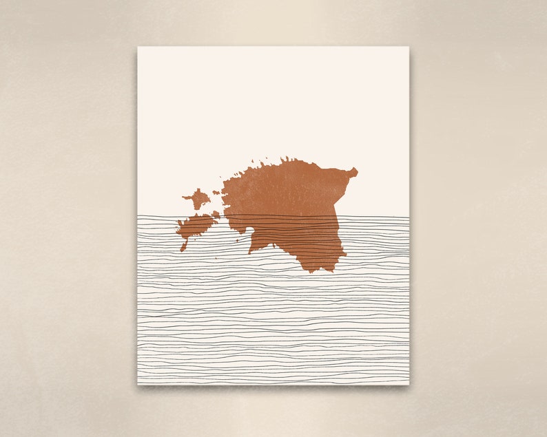 May include: A minimalist art print featuring a brown outline of the country of Estonia on a white background. The outline of Estonia is surrounded by thin black lines that resemble waves.