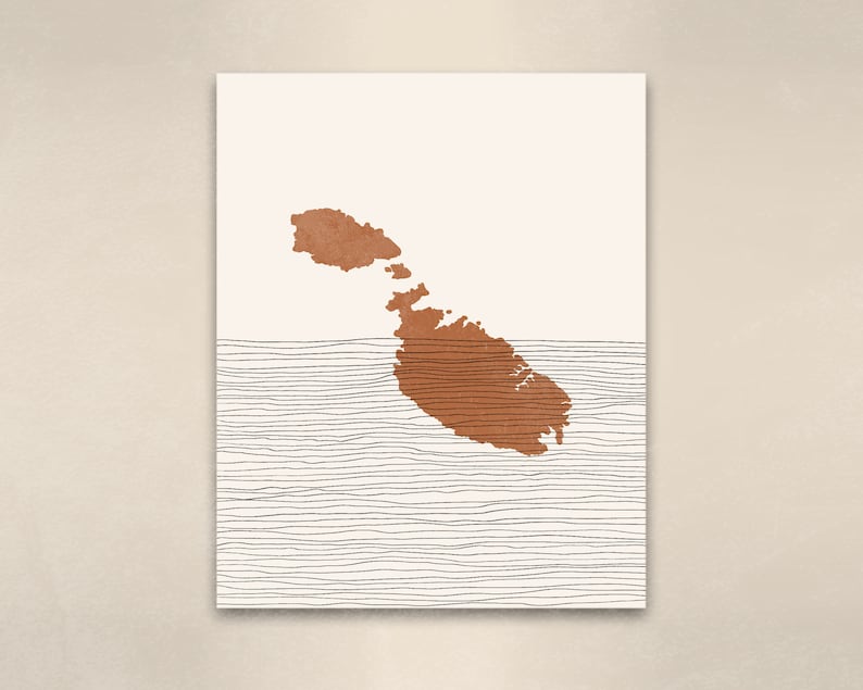 May include: A minimalist art print featuring a brown outline of the island of Malta on a white background with black lines representing the sea.