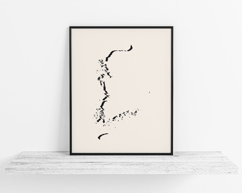 May include: Black and white abstract art print in a black frame. The print features a stylized design of a tree or a plant with branches and leaves.