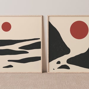 Minimalist Sun Prints, Japandi Art, Neutral Wall Deco, Boho Wall Art (Set of 2)