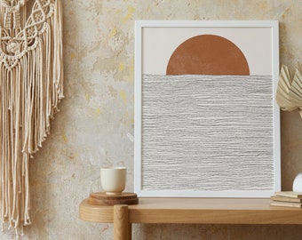 Boho Sun Mid Century Wall Art - Minimalist Sun and Ocean Wall Decor, Abstract Mid-Century Modern Prints, Ocean Art Print