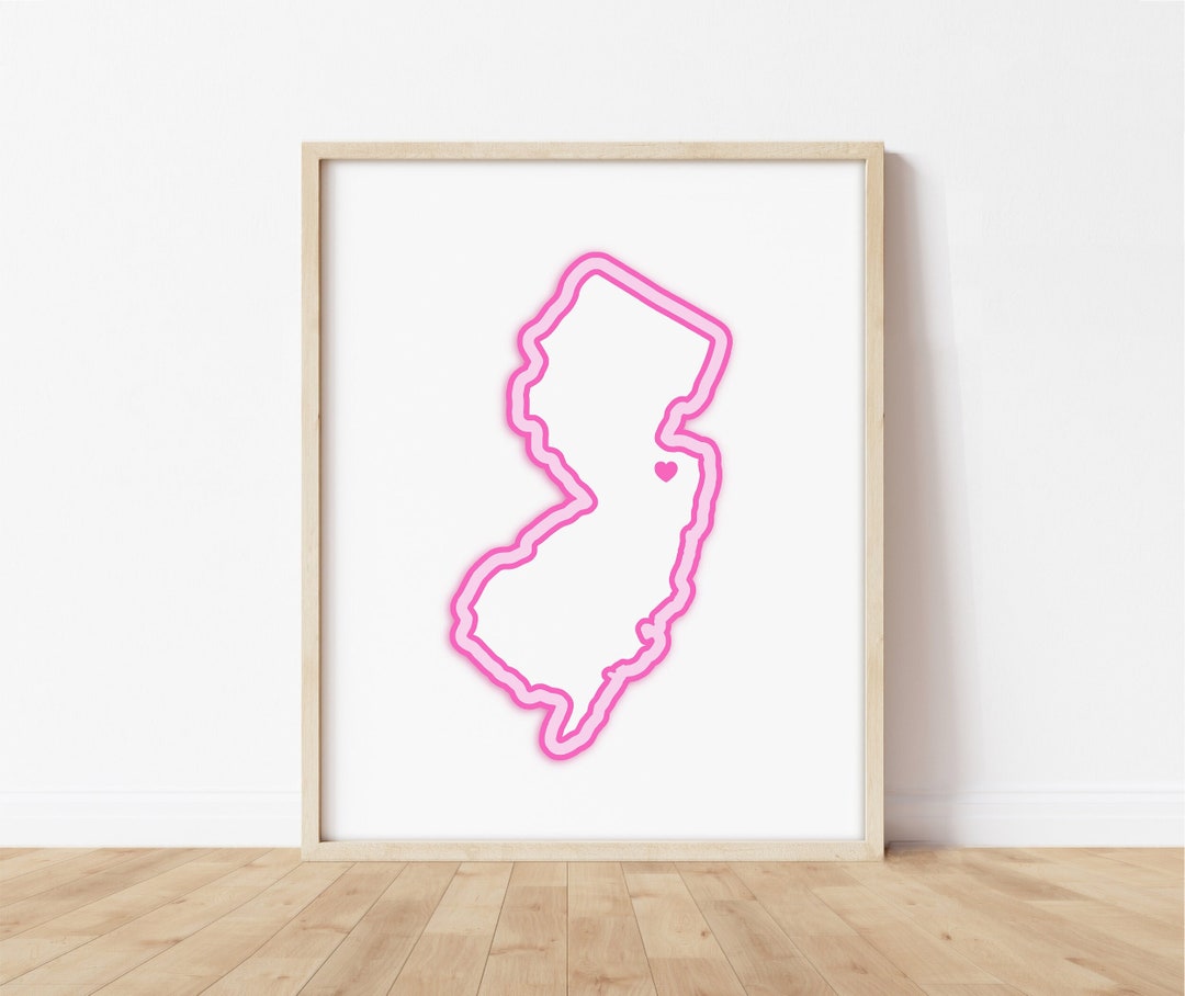 New Jersey Art Map With Heart, Pink Print