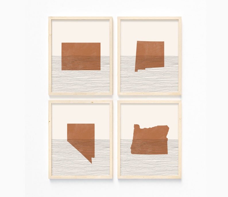 May include: Set of four minimalist art prints featuring the outlines of four US states in a burnt orange color. Each state is set against a background of white and gray horizontal lines, suggesting a horizon or water.