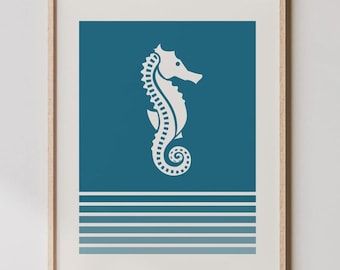 Arte de caballitos de mar: impresión de caballitos de mar, póster retro de caballitos de mar en color, decoración de pared de caballitos de mar, arte de pared del océano