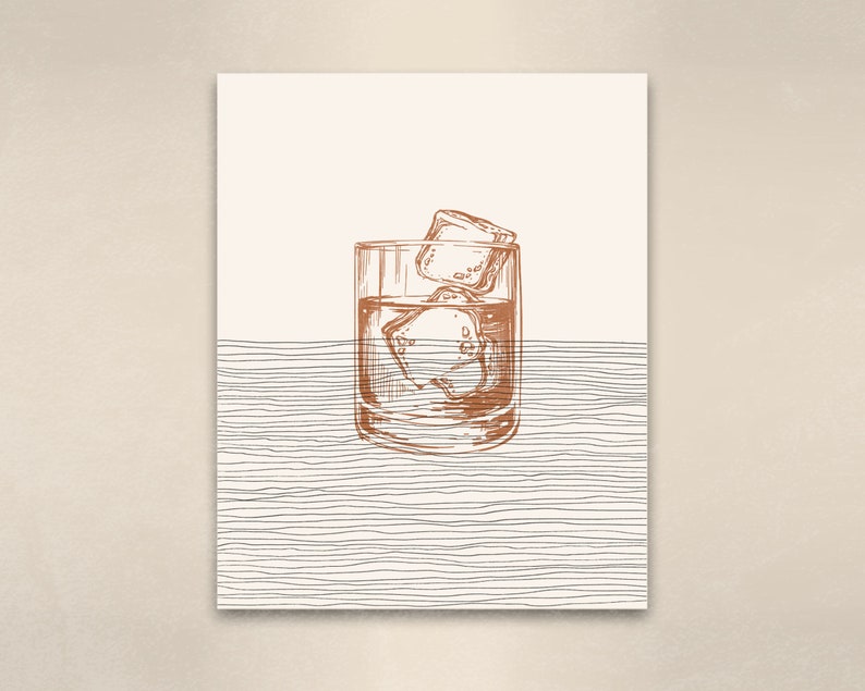 Boho Whiskey Art Whiskey Wall Art / Decor, Minimalist Cocktail Poster, Old Fashioned Print Cocktail Gift image 3