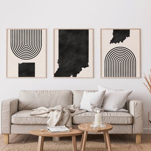 Indiana Mid Century Modern Wall Art Minimalist Indiana Wall Art and Decor, Mid-Century Prints, State of Indiana Map Print Set of 3 image 2