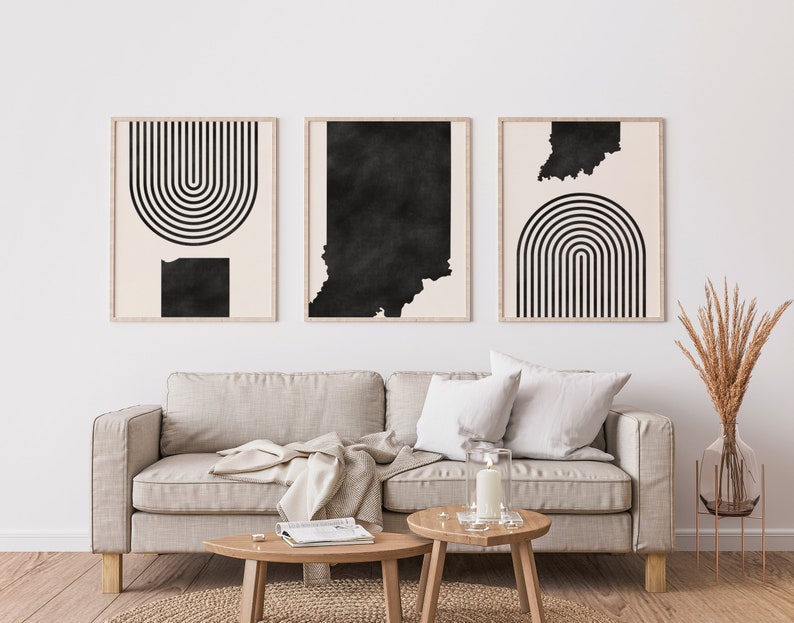 Indiana Mid Century Modern Wall Art Minimalist Indiana Wall Art and Decor, Mid-Century Prints, State of Indiana Map Print Set of 3 image 2