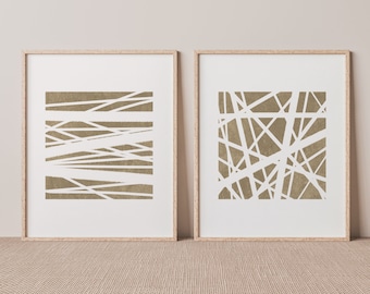 Minimalist Japandi Decor, Japandi Art - Nuetral Line Art, Dark Beige Wall Art, Abstract Prints (set of 2)