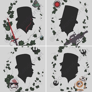 May include: Four-panel artwork featuring black silhouettes of figures in top hats, surrounded by ivy. Each panel includes Star Wars-themed elements: a lightsaber, a blaster, a Stormtrooper helmet, and BB-8. The artwork is set against a light gray background.