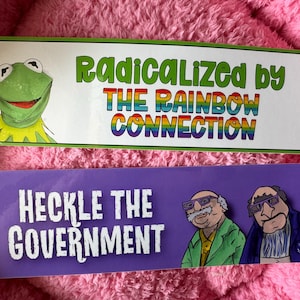 May include: Two bumper stickers. The top sticker has Kermit the Frog and the text "Radicalized by THE RAINBOW CONNECTION." The bottom sticker has two cartoon men and the text "Heckle the Government."