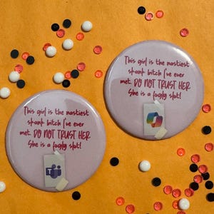 May include: Two circular lavender buttons featuring the printed text: This girl is the nastiest stank bitch I've ever met. DO NOT TRUST HER. She is a fugly slut! Each button displays a small rectangular paper taped to the center with a logo.