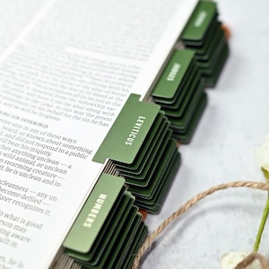 May include: A close-up of a green book with tabs for each chapter. The tabs are labeled with the names of the books of the Bible, including Leviticus and Numbers.