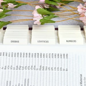 May include: A close-up of a Bible with white tabs marking each book of the Old Testament. The tabs are labeled "Genesis", "Exodus", "Leviticus", "Numbers", and "Deuteronomy".