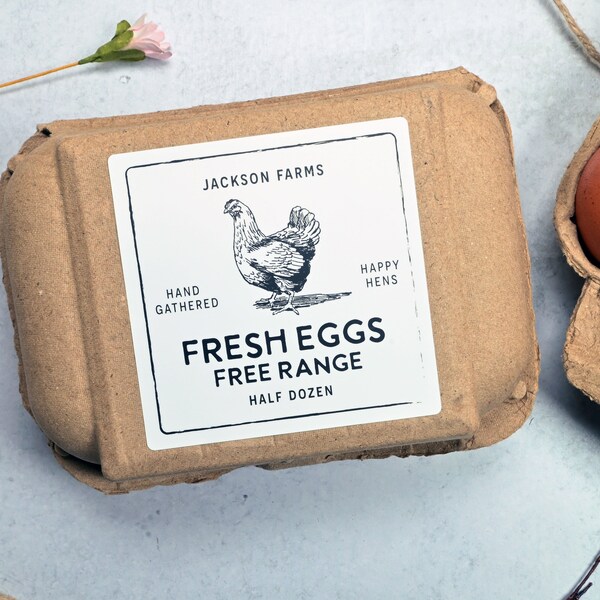 Egg Carton Labels - Vintage Custom Personalized Farm Sticker for Fresh Eggs - White, Gold, Clear or Gold Foil - Square, Circle and Rectangle