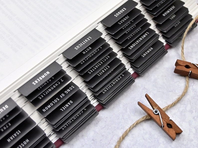 Black Bible Tabs shown with white minimalist text.