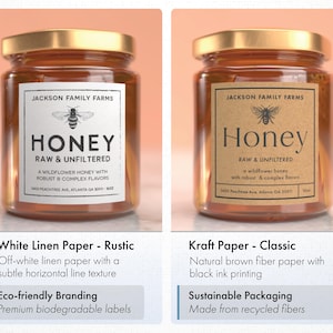 two jars of honey with different labels, one labeled "White Linen Paper - Rustic" and the other "Kraft Paper - Classic".