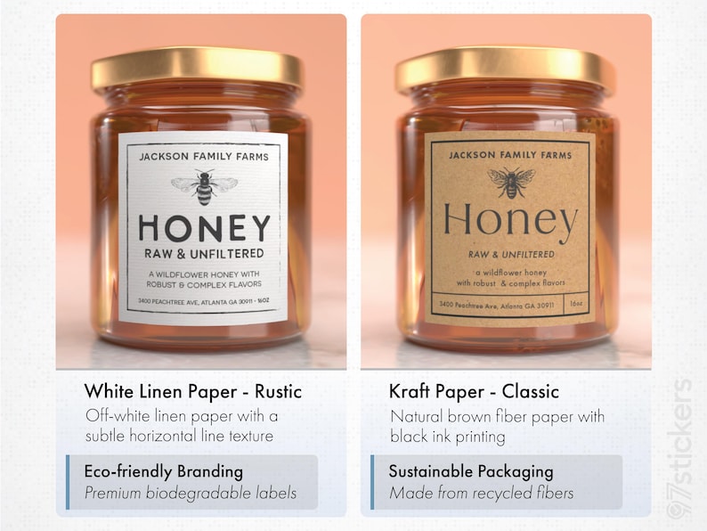 two jars of honey with different labels, one labeled "White Linen Paper - Rustic" and the other "Kraft Paper - Classic".