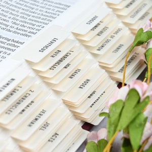 May include: A close-up of a Bible with white index tabs for each book of the Bible. The tabs are labeled with the book names, such as "Genesis", "Exodus", "Leviticus", "Numbers", "Deuteronomy", "Joshua", "Judges", "Ruth", "1 Samuel", "2 Samuel", "1 Kings", "2 Kings", "1 Chronicles", "2 Chronicles", "Ezra", "Nehemiah", "Esther", "Job", "Psalms", "Proverbs", "Ecclesiastes", "Song of Solomon", "Isaiah", "Jeremiah", "Lamentations", "Ezekiel", "Daniel", "Hosea", "Joel", "Amos", "Obadiah", "Jonah", "Micah", "Nahum", "Habakkuk", "Zephaniah", "Haggai", "Zechariah", "Malachi", "Matthew", "Mark", "Luke", "John", "Acts", "Romans", "1 Corinthians", "2 Corinthians", "Galatians", "Ephesians", "Philippians", "Colossians", "1 Thessalonians", "2 Thessalonians", "1 Timothy", "2 Timothy", "Titus", "Philemon", "Hebrews", "James", "1 Peter", "2 Peter", "1 John", "2 John", "3 John", "Jude", and "Revelation".