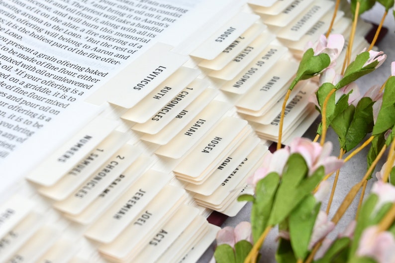 May include: A close-up of a Bible with white index tabs for each book of the Bible. The tabs are labeled with the book names, such as "Genesis", "Exodus", "Leviticus", "Numbers", "Deuteronomy", "Joshua", "Judges", "Ruth", "1 Samuel", "2 Samuel", "1 Kings", "2 Kings", "1 Chronicles", "2 Chronicles", "Ezra", "Nehemiah", "Esther", "Job", "Psalms", "Proverbs", "Ecclesiastes", "Song of Solomon", "Isaiah", "Jeremiah", "Lamentations", "Ezekiel", "Daniel", "Hosea", "Joel", "Amos", "Obadiah", "Jonah", "Micah", "Nahum", "Habakkuk", "Zephaniah", "Haggai", "Zechariah", "Malachi", "Matthew", "Mark", "Luke", "John", "Acts", "Romans", "1 Corinthians", "2 Corinthians", "Galatians", "Ephesians", "Philippians", "Colossians", "1 Thessalonians", "2 Thessalonians", "1 Timothy", "2 Timothy", "Titus", "Philemon", "Hebrews", "James", "1 Peter", "2 Peter", "1 John", "2 John", "3 John", "Jude", and "Revelation".