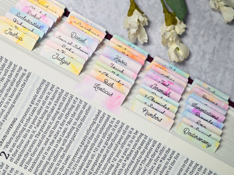 May include: A set of colourful bookmarks with the names of books of the Bible written in black ink. The bookmarks are arranged in a row, with the names of the books visible. The bookmarks are made of paper and have a watercolour effect.