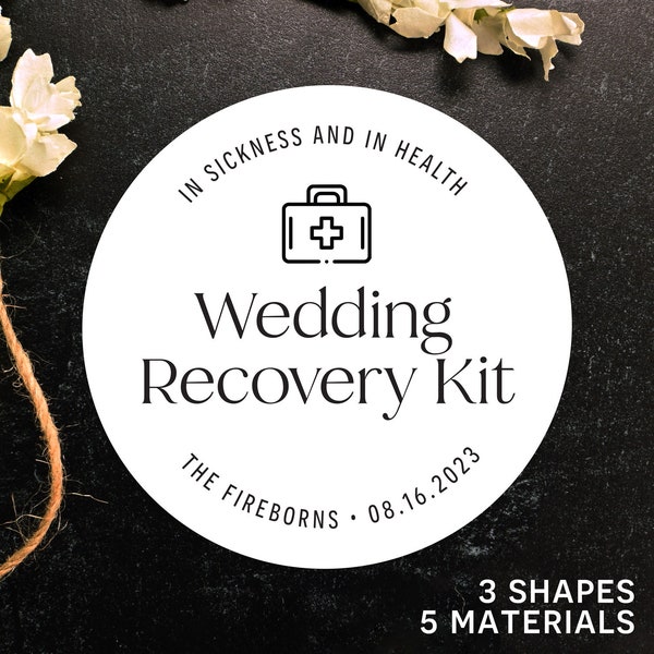 Wedding Recovery Kit Stickers / Weekend Hangover First Aid Labels - Custom Personalized - Clear White Ink, Gold Foil, Hotel Event Gift Bag