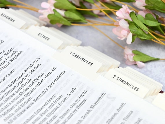 Cream Bible Tabs - Standard & Catholic, Matte Laminated, Double Sided Self Adhesive - Christian Gift, Bible Study