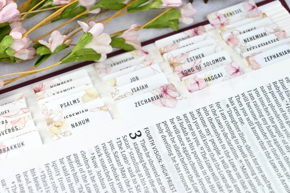 Floral Bible Tabs - Standard & Catholic, Matte Laminated, Double Sided Self Adhesive - Christian Gift, Bible Study